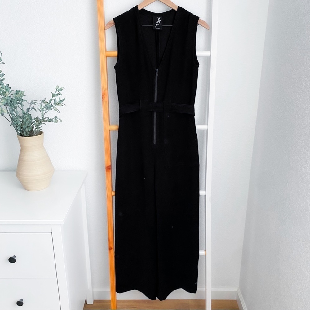 Yigal Azrouel Jumpsuit Front Zip Belted Black Sleeves Wide Leg Women’s 3